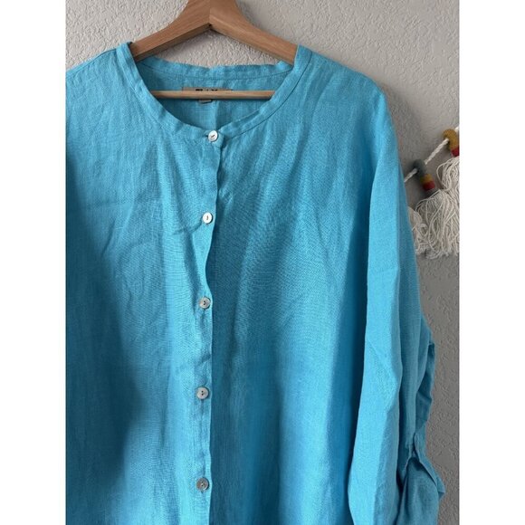 Flax 100% Linen Oversized Turquoise Button Up Tunic Top Coastal Lagenlook Resort - Picture 7 of 10